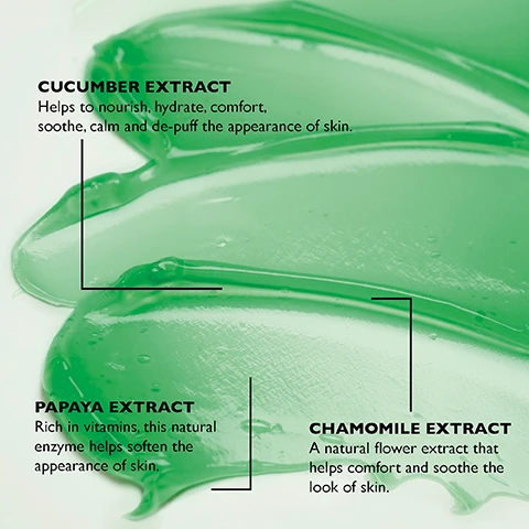 Image 1 - Green gel-like substance with labels identifying cucumber extract, papaya extract, and chamomile extract, along with descriptions of their skin benefits.
Image 2 - A smiling woman with a green background is applying a face mask, and the text at the bottom reads HOW TO USE: Apply a generous coat on clean skin. Allow mask to remain on for 10 minutes. Rinse with cool water. For a very cool treatment, refrigerate product. For an intensive treatment, apply a thin layer as the last layer of skin care and leave on overnight. Use 2 to 3 times a week or daily for intensive hydration.