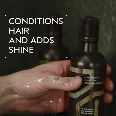 Image 2 - A wet hand holds a dark brown conditioner bottle, with another bottle blurred in the background, and overlaid text reading Conditions Hair and Adds Shine, while the bottle label reads pure-formance. conditioner après-shampooing for scalp and hair pour les cheveux et le cuir chevelu. Image 3 - A before and after comparison of a man, showing on the left side his dark, unkempt hair falling over his forehead, and on the right side, his lighter, well-styled hair swept back, with the visible text BEFORE, AFTER, Unwashed Hair, and Results with Aveda Men Pure-Formance™ Shampoo, Conditioner, and Grooming Clay. Blow dried hair. Image 4 - A three-step guide on a dark green background illustrates a hair care routine with circular images, showing hands washing hair, a hand holding an Aveda conditioner bottle, and hands rubbing styling cream, with the text: HOW TO USE. 01 CLEANSE, Aveda Men Pure-Formance™ Shampoo. 02 CONDITION, Aveda Men Pure-Formance™ Conditioner. 03 STYLE, Aveda Men Pure-Formance™ Liquid Pomade and Grooming Cream. Image 5 - A thick, creamy white and pale yellow swirl of cosmetic product, such as a cream or lotion, is shown against a plain white background. Image 6 - A before and after image showing a man with unwashed, messy hair on the left, labeled BEFORE Unwashed Hair, and the same man with neatly styled, sleek hair on the right, labeled AFTER Results with Aveda Men Pure-Formance™ Shampoo, Conditioner, Liquid Pomade, and Grooming Cream. Styled with comb. Image 7 - A dark green background features a central circular area with green organic shapes and bubbles in a light blue liquid, along with white text that reads: FORMULATED WITHOUT ANIMAL DERIVED INGREDIENTS, MINERAL OIL, SLS, SLES, SYNTHETIC FRAGRANCE, PARABENS, PHTHALATES, PETROLATUM, PARAFFIN, & FORMALDEHYDE DONORS. Image 8 - Three white certification logos are displayed against a dark green tropical leaf background with a red plant stalk in the bottom left, featuring the text 100% VEGAN, Certified B Corporation, and Cruelty Free INTERNATIONAL.