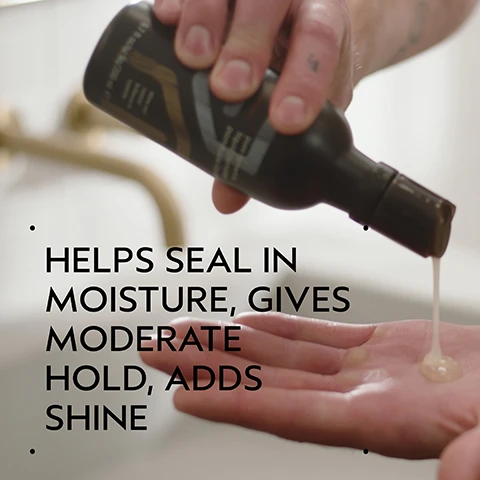 Image 2 - A persons hand catches a light-colored product pouring from a dark bottle, with the overlay text HELPS SEAL IN MOISTURE, GIVES MODERATE HOLD, ADDS SHINE. Image 3 - A split image shows a man with messy brown hair on the left, labeled BEFORE and Unwashed Hair, and on the right, labeled AFTER, he has neatly styled, shiny hair, with visible text reading Results with Aveda Men Pure-Formance™ Shampoo, Conditioner, Liquid Pomade, and Grooming Cream. Styled with comb. Image 4 - A graphic displays three steps for hair care: a person washing their hair with shampoo, a hand holding an Aveda conditioner bottle under running water, and a hand squeezing styling cream into a palm, accompanied by the text HOW TO USE, 01 CLEANSE Aveda Men Pure-Formance™ Shampoo, 02 CONDITION Aveda Men Pure-Formance™ Conditioner, 03 STYLE Aveda Men Pure-Formance™ Liquid Pomade and Grooming Cream, with further text from the conditioner bottle reading pure-formance. conditioner après-shampooing. for scalp and hair pour les cheveux et le cuir chevelu. 10 fl oz/liq/300 ml e, and from the styling cream tube reading 4.2 fl oz/oz liq/125 ml e. Image 5 - A round dollop of yellowish-beige liquid with a subtle sheen on a white background. Image 6 - The image displays a dark green background with a circular inset showing abstract green plant-like forms submerged in light blue water with bubbles, and includes the text: FORMULATED WITHOUT ANIMAL DERIVED INGREDIENTS, MINERAL OIL, SLS, SLES, SYNTHETIC FRAGRANCE, PARABENS, PHTHALATES, PETROLATUM, PARAFFIN, & FORMALDEHYDE DONORS. Image 7 - A dark green background of leafy plants with a hint of a red stem at the bottom left displays three white certification logos: the 100% Vegan logo with a V, the Certified B Corporation logo, and the Cruelty Free International logo with a leaping rabbit and stars.