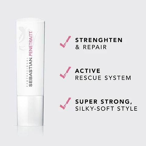 Image 2 - A white tube of Sebastian Penetrate hair treatment with text indicating it strengthens and repairs, features an active rescue system, and provides a super strong, silky-soft style.
Image 4 - Image illustrating hair care instructions with three steps: remove excess water, distribute through the hair, and rinse thoroughly.
Image 6 - Three bottles of hair care products are displayed, with the white bottle labeled Sebastian Penetraitt and the black bottle also labeled Penetraitt, accompanied by text that reads Combine with Penetraitt Shampoo & Penetraitt Mask for extra care.