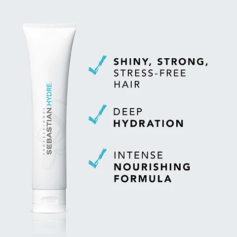 Image 2 - A white tube of Sebastian Hydra hair product is centered against a light background, with text next to it highlighting benefits: Shiny, strong, stress-free hair, deep hydration, and intense nourishing formula.
Image 4 - Image shows a light background with the text HOW TO USE at the top, an illustrated icon of stars and waves below, and the text USE ON CLEAN, WET HAIR.
Image 5 - Image shows three bottles of hair care products: a black bottle labeled Sebastian HYDRE, a white bottle with a pump labeled Sebastian HYDRE, and a larger white bottle labeled Sebastian HYDRE, with text that reads Combine with HYDRE SHAMPOO & HYDRE CONDITIONER FOR BEST RESULTS.