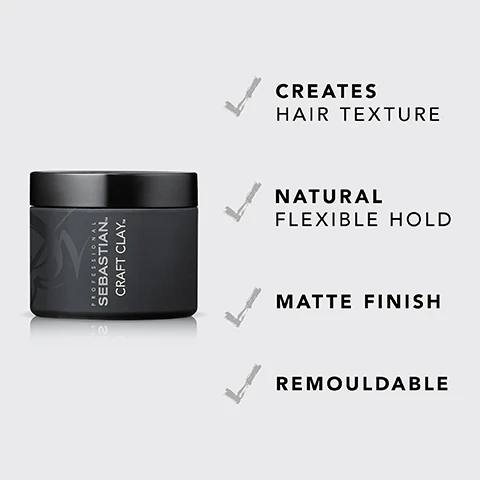 Image 2 - A black jar labeled Sebastian Craft Clay with four checked-off benefits next to it, stating creates hair texture, natural flexible hold, matte finish, and remouldable.
Image 3 - A person with shoulder-length hair is shown before and after a styling transformation, with the left side displaying dry, straight hair labeled BEFORE and the right side showing voluminous, curly hair labeled AFTER*; text at the bottom reads *AFTER APPLICATION AND STYLING.
Image 4 - Image shows a step-by-step guide for product usage with three icons: first icon represents hands with the text EMULSIFY INTO HANDS, second icon shows hands working through hair with the text WORK THROUGH DRY HAIR, and third icon features a comb with the text MOLD & SEPARATE FOR DRY, MATTE FINISH.