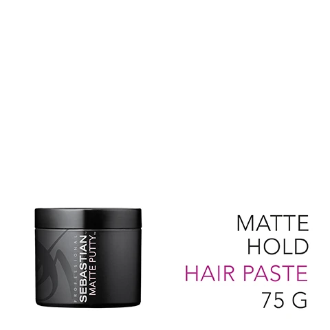 Image 2 - A black container of hair paste labeled Sebastian Matte Putty, next to text reading Matte Hold Hair Paste 75 G.
Image 3 - A person with tattooed arms is applying hair product from a black container, with the text APPLY TO DRY HAIR displayed nearby.
Image 4 - A close-up of a braided hairstyle with the text FOR ALL HAIR TYPES displayed prominently below.
Image 5 - Image shows a collection of Sebastian professional hair styling products displayed in a row, with the word Challenge written in a brushstroke style above them, and the text FIND YOUR STYLER* *SOLD SEPARATELY below.