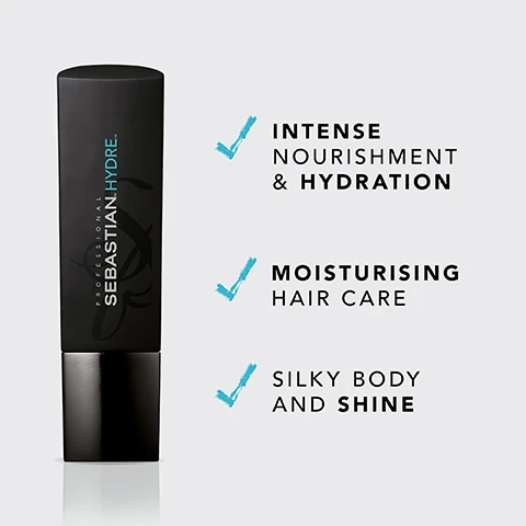 Image 2 - A black tube of Sebastian Hydre hair product is displayed with text highlighting its benefits: intense nourishment & hydration, moisturising hair care, and silky body and shine.
Image 3 - A white cosmetic tube labeled SEBASTIAN HYDRE with three check marks next to the text: INTENSE NOURISHMENT & HYDRATION, MOISTURISING HAIR CARE, SILKY BODY AND SHINE.
Image 4 - A white tube of Sebastian Hydre hair product with three check marks next to text that reads: Shiny, Strong, Stress-Free Hair, Deep Hydration, Intense Nourishing Formula.
Image 6 - Three hair care product bottles are displayed, including one black bottle labeled SEBASTIAN HYDRATE, a white bottle next to it, and a smaller white bottle in the front; the text reads Combine with HYDRATE CONDITIONER & HYDRATE TREATMENT FOR BEST RESULTS.