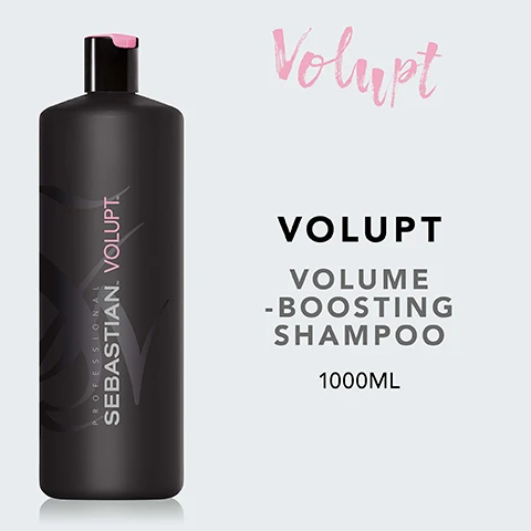 Image 2 - A black bottle of Sebastian Volupt volume-boosting shampoo is shown with visible text stating Volupt, VOLUME -BOOSTING SHAMPOO, and 1000ML.
Image 3 - A black bottle of Sebastian Volupt shampoo with a pink cap, featuring the text FULL VOLUME SOFT TOUCH next to it.
Image 5 - An instructional image with three steps: a hand and hair symbols with the text, massage the shampoo into wet hair, a showerhead and hair symbol with the text, rinse thoroughly, and a circular arrow symbol with the text, repeat if necessary.
Image 6 - A sprig of green bamboo with long, slender leaves against a black background, featuring the text Natural Bamboo Extract above it.
Image 7 - Three hair care products are arranged on a light blue background, including a white shampoo bottle, a black conditioner bottle, and a black spray bottle, with text that reads combine with volupt spray & volupt conditioner for best results.