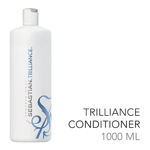 Image 2 - A white bottle of Sebastian Trilliance Conditioner with a blue wave design and the text TRILLIANCE CONDITIONER 1000 ML displayed prominently.
Image 3 - Image depicts a set of instructions with three steps for use: REMOVE EXCESS WATER, DISTRIBUTE THROUGH THE HAIR, and RINSE THOROUGHLY, along with corresponding simple icons for each step, on a light-colored background.
Image 4 - Two tubes of hair products, one black and one white, are shown side by side against a dark background, with the text COMPLETE YOUR ROUTINE* *SOLD SEPARATELY displayed below them.