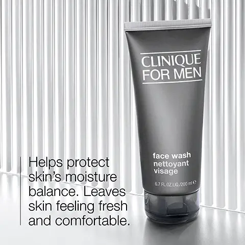 Image 1 - A gray tube of Clinique for Men face wash is displayed against a textured background with vertical lines, accompanied by text that reads: Helps protect skin’s moisture balance. Leaves skin feeling fresh and comfortable. 6.7 FL OZ / 200 mL.
Image 2 - An overhead view of two white plates, one displaying chunks of sucrose next to small droplets, and the other showing slices of aloe vera alongside green outer leaves, with the words Sucrose and Aloe vera labeled below each plate.
Image 3 - An image of frothy bubbles on a light background with the words cleanse and refresh positioned beneath icons representing cleanliness and renewal.
Image 4 - A list on a gray background indicating items that the product is free of, including fragrance, gluten, and oil, each marked with an X.