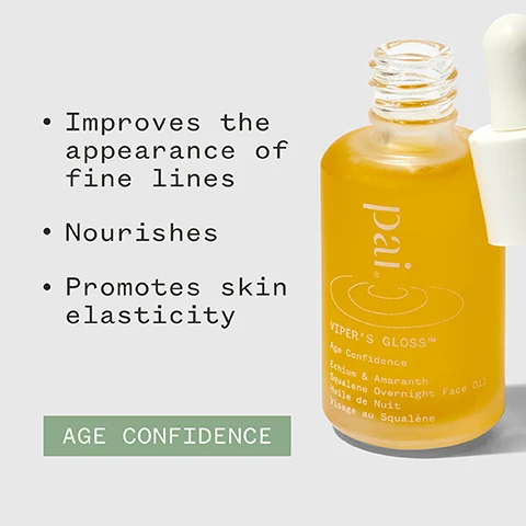 Image 1 - A yellow bottle of Viper’s Gloss serum is displayed next to bullet points stating it improves the appearance of fine lines, nourishes, and promotes skin elasticity, with the text AGE CONFIDENCE at the bottom.
Image 2 - A close-up of a bottle of skincare oil with yellow liquid, accompanied by a star rating of five stars, a testimonial that reads My ageing skin feels softer, smoother and plumper every time I use it, the name Ewan K, and icons for organic and vegan certifications along with a B Corporation logo.