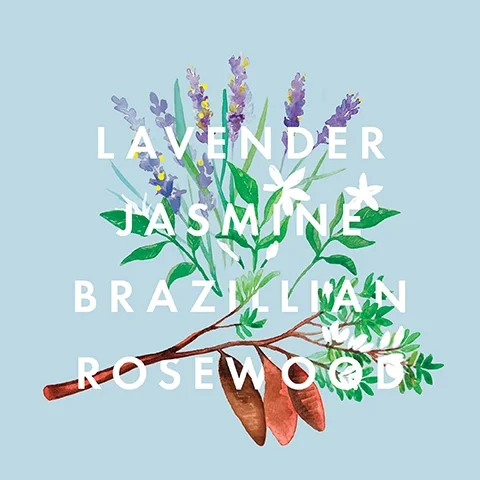 A bouquet of lavender, jasmine, and Brazilian rosewood against a soft blue background, with the names of the plants displayed in bold white text.