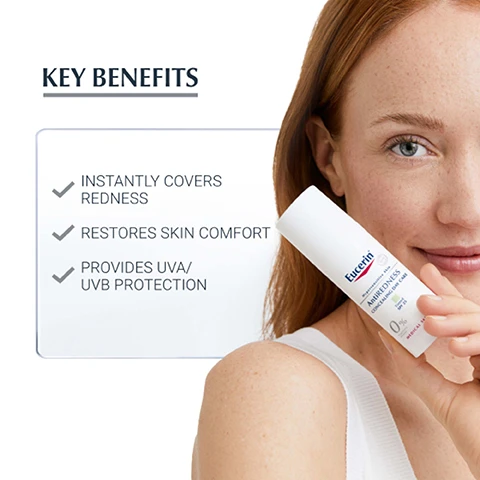 Image 1 - A smiling woman with light skin and red hair holds a white bottle of Eucerin product in front of her face, with text on the side listing key benefits: instantly covers redness, restores skin comfort, provides UVA/UVB protection.
Image 2 - A hand holds a Eucerin AntiREDNESS concealing day care product, with text on the side indicating it is suitable for anti-redness, sensitive skin, and is tinted.
Image 3 - Image shows side-by-side comparison of skin before and after treatment, with the left labeled WEEK 0 BEFORE and the right labeled WEEK 4 AFTER, under the heading PROVEN RESULTS.
Image 4 - Image of three Eucerin skincare products with labels reading Ultra SENSITIVE Cleansing Lotion, UltraSENSITIVE Soothing Care, and AntiREDNESS Concealing Day Cream, with the text DISCOVER MORE at the top.
Image 5 - Image shows a light green cream or lotion with labels indicating key ingredients: SYMSITIVE: Acts as a sensitivity regulator at the source of hyperactivity, LICOCHALCONE A: Effectively reduces redness and soothes irritation, and GREEN CONCEALING PIGMENTS: Instantly counteract redness.