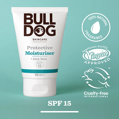 Image 2 - A tube of Bulldog Skincare Protective Moisturiser with Aloe Vera, featuring visible labels for SPF 15, vegan approval, and cruelty-free certification.
Image 3 - Close-up of an aloe vera leaf with droplets of water, featuring text that reads Hydrates & Protects, Unlock the true potential of natural origin ingredients, Aloe Vera.
Image 4 - A tube of Bulldog Skincare Protective Moisturiser is displayed against a light background, with visible text indicating it contains aloe vera and has SPF 15, and is suitable for normal to dry skin.
Image 5 - A tube of Bulldog Skincare Protective Moisturiser with Aloe Vera on a black surface, featuring visible text that reads Bulldog Skincare, Protective Moisturiser, SPF 15, 100 ml, and an icon indicating the tube is made of recycled materials.