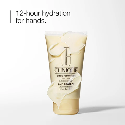Image 1 - A tube of Clinique deep comfort hand and cuticle cream with a creamy substance oozing from the opening, next to the text 12-hour hydration for hands.
Image 2 - A top-down view of two containers: one holds a clear gel labeled Hyaluronic acid and the other contains a milky substance labeled Glycerin, with a spoon resting in the first container.
Image 3 - A close-up of a creamy beige texture with three icons and words: a droplet above the word hydrate, a dropper above the word nourish, and a cloud above the word comfort.
Image 4 - A close-up image of a transparent glass container next to textured white and green surfaces, featuring a list marked with an X indicating it is free of fragrance, sodium laureth sulfate, and sodium laureth sulfate.