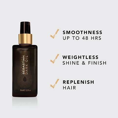 Image 2 - The image shows a bottle of Sebastian Dark Oil with a black and gold design, accompanied by text highlights stating Smoothness Up to 48 Hrs, Weightless Shine & Finish, and Replenish Hair.
Image 5 - A side-by-side comparison image showing a persons hair before and after treatment, with the left side displaying frizzy and unstyled hair labeled BEFORE and the right side showing smooth, styled hair with waves labeled AFTER*, accompanied by the note *AFTER APPLICATION AND STYLING.
Image 6 - Image shows two pieces of wood, one dark and one light, with three drops of golden liquid hovering in between, accompanied by the text Sandalwood, Cedarwood & Argan Oil.