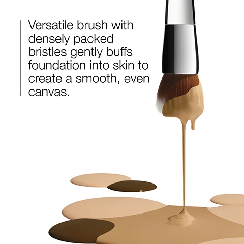 Image 1 - A makeup brush with densely packed bristles is shown, dripping foundation that pools on a surface in various skin tones, accompanied by text describing its versatility in creating a smooth canvas.
Image 2 - A variety of makeup brushes are arranged in a diagonal layout on a white background, accompanied by instructions on cleaning makeup brushes that read: How to clean • Clean face makeup brushes daily or weekly depending on frequency of use. • Use a mild makeup brush cleanser. • Lay them flat to air dry.