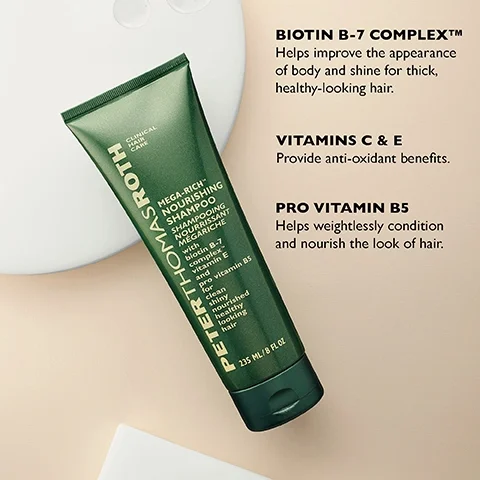Image 1 - A green shampoo tube labeled Peter Thomas Roth Mega-Rich Nourishing Shampoo with visible benefits listed: Biotin B-7 Complex™ Helps improve the appearance of body and shine for thick, healthy-looking hair, Vitamins C & E Provide anti-oxidant benefits, and Pro Vitamin B5 Helps weightlessly condition and nourish the look of hair, alongside a light background.