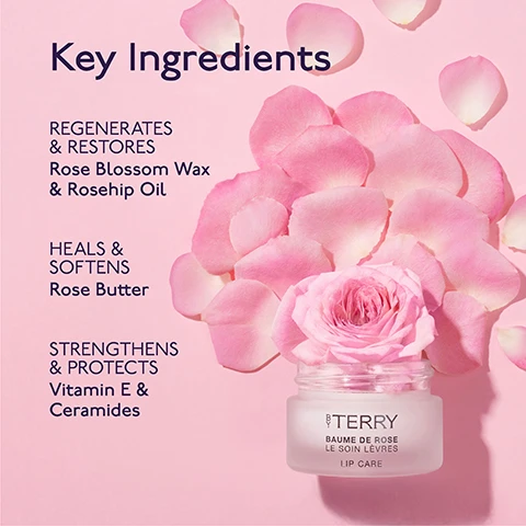 Image 1 - A pink rose bloom sits atop a frosted glass jar of lip care, surrounded by scattered pink rose petals on a light pink background, with text reading Key Ingredients, REGENERATES & RESTORES Rose Blossom Wax & Rosehip Oil, HEALS & SOFTENS Rose Butter, STRENGTHENS & PROTECTS Vitamin E & Ceramides, BY TERRY, BAUME DE ROSE, LE SOIN LÈVRES, LIP CARE. Image 2 - A jar of pink face cream with its silver lid off, resting on a pink background surrounded by rose petals, highlighting its features: BY TERRY, Intensively Nourishing, Softens & Comforts, Rose Scented, Regenerates, Combats Dryness, Non-Sticky Formula. Image 3 - An open jar of pink balm with the silver lid showing the BY TERRY logo is surrounded by text explaining its uses as a Multi-Use Lip Balm for Lip Care, Cheek Sheen, Hydrates Dry Areas, Softens & Comforts Lips, Night Treatment, Tames Brows, and Dry Spot Relief. Image 4 - A By Terry lip gloss tube with its applicator wand pulled out is shown on a pink background with scattered rose petals, highlighting its features: Travel Friendly, Multi-use, Softens & Comforts, Intensively Nourishing, Rose Scented, Non-Sticky Formula. Image 5 - A collection of three Baume de Rose lip products, including an open jar with a swatch, a liquid balm with its applicator, and a crayon, are neatly arranged on a pink background with scattered rose petals, accompanied by the text Discover Baume de Rose Collection, ORIGINAL MULTI-TASKING POT Baume de Rose Lip Balm, GLOSSY LIP BALM Baume de Rose Liquid Lip Balm, and EASY APPLICATION ON-THE-GO Baume de Rose Crayon.