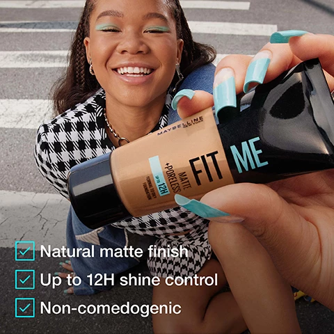 Image 1, natural matte finish, up to 12 hours shine control, non comedogenic. image 2, after - unretouched and before. image 3, 100% unretouched, 100% real fit. image 4, swatches of 380, 365, 362, 360, 358, 356, 355, 352, 350, 340, 335, 334, 332, 330, 320, 312, 250, 245, 238, 230, 220, 130, 128, 124, 122, 120, 118, 115, 112, 110, 107, 106, 105, 104, 103, 102, 101, 100, 97 and 95