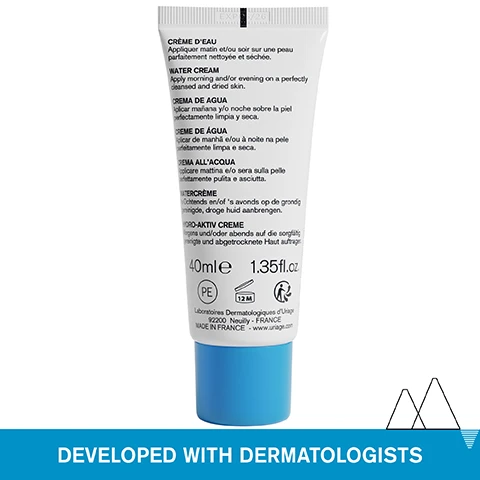 Image 1 - A white tube of Uriage skincare product with a blue cap, placed above a blue bar, showing the text EXPO/5/26 CRÈME DEAU Appliquer matin et/ou soir sur une peau parfaitement nettoyée et séchée. WATER CREAM Apply morning and/or evening on a perfectly cleansed and dried skin. CREMA DE AGUA Aplicar mañana y/o noche sobre la piel perfectamente limpia y seca. CREME DE ÁGUA Aplicar de manhã e/ou à noite na pele perfeitamente limpa e seca. CREMA ALLACQUA Applicare mattina e/o sera sulla pelle perfettamente pulita e asciutta. WATERCRÈME s Ochtends en/of s avonds op de grondig gereinigde, droge huid aanbrengen. HYDRO-AKTIV CREME Morgens und/oder abends auf die sorgfältig gereinigte und abgetrocknete Haut auftragen. 40mle 1.35fl.oz PE 12 M Laboratoires Dermatologiques dUriage 92200 Neuilly - FRANCE MADE IN FRANCE - www.uriage.com DEVELOPED WITH DERMATOLOGISTS. Image 2 - Close up of a womans face as she applies cream with three bullet points listing features and a banner at the bottom listing skin types Light cream with cooling effect Perfect make-up base Non-greasy ALL SKIN TYPES - EVEN SENSITIVE Image 3 - Close up of a womans face with text Intense hydration Illuminates complexion. Image 4 - Visual diagram listing ingredients and benefits: Hyaluronic Acid Hydrates the skin, H2O Complex + Aquaxyl Moisturize and boost hydration, Uriage Thermal Water 100% pure & natural, softens and soothes all skin types, with the heading Advanced Dermatological Formula. Image 5 - A scenic mountain lake landscape with icons and text highlighting product benefits: Dermatologically tested, Suitable for all skin types, Non-comedogenic, 90% ingredients of natural origin. Image 6 - A tube of Uriage Eau Thermale Crème deau Water cream with a swirl of cream behind it, showing the text URIAGE EAU THERMALE Crème deau Water cream HYDRATATION HYDRATION Toutes peaux All skin types and a badge that says DEVELOPED BY DERMATOLOGISTS.