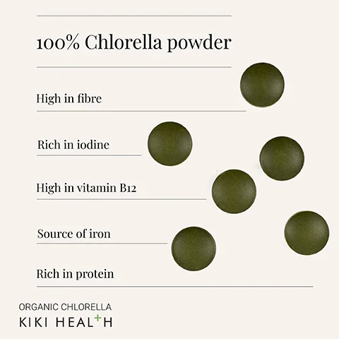 Image 1 - An image showing six circular green tablets of chlorella powder arranged on a light background, with text stating 100% Chlorella powder, high in fibre, rich in iodine, high in vitamin B12, source of iron, and rich in protein, and the brand KIKI HEALTH at the bottom.