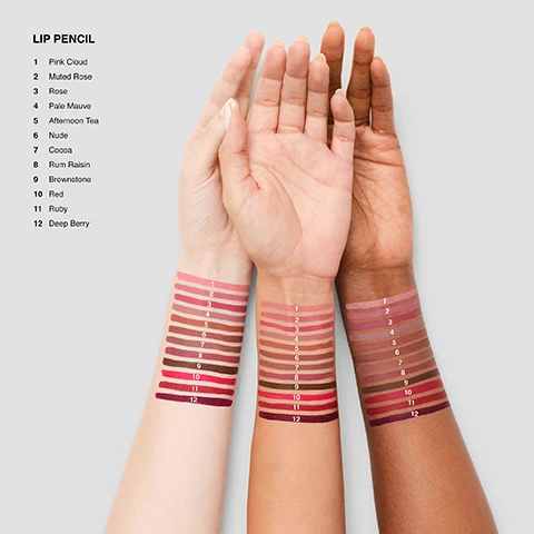Image 1 - Three arms with different skin tones display swatches of 12 lip pencil colors and names listed as LIP PENCIL 1 Pink Cloud 2 Muted Rose 3 Rose 4 Pale Mauve 5 Afternoon Tea 6 Nude 7 Cocoa 8 Rum Raisin 9 Brownstone 10 Red 11 Ruby 12 Deep Berry. Image 2 - Swatches of berry, pink, red, and brown lip pencils on a light surface with two lip pencils visible and text that reads CREAMY FORMULA GLIDES ON, EASY TO CREATE SOFT DEFINITION, LAYERS WELL WITH YOUR FAVORITE LIP FORMULAS.