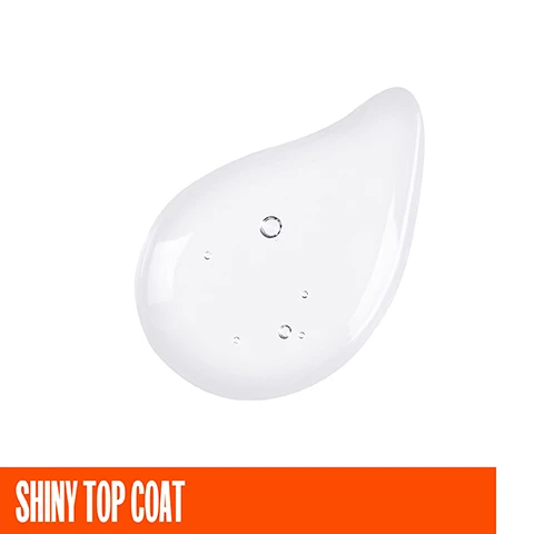 Image 1 - A glossy droplet of clear top coat with small bubbles, accompanied by the text SHINY TOP COAT in bold orange letters at the bottom.
Image 2 - A bottle of Sally Hansen Miracle Gel top coat with a shiny silver cap, a drop of clear gel beside it, and the text Miracle Gel, TOP COAT, and SHINY displayed in bold on an orange and pink background.
Image 3 - A pair of hands with polished nails in a metallic shade are submerged in soapy water, with visible text reading ULTIMATE CHIP-RESISTANT NAIL POLISH at the bottom.