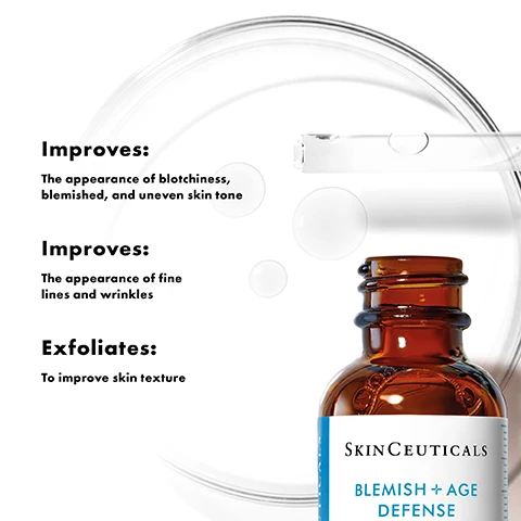 Image 2 - A brown glass dropper bottle of SkinCeuticals Blemish + Age Defense serum is shown with text highlighting its benefits: Improves: The appearance of blotchiness, blemished, and uneven skin tone; Improves: The appearance of fine lines and wrinkles; Exfoliates: To improve skin texture. Image 3 - A clear dropper bottle with a black cap is shown above a petri dish containing multiple clear liquid droplets, with lines connecting the droplets and dropper tube to the text: KEY INGREDIENTS, 2% DIOIC ACID, 0.3% LHA, 1.5% SALICYLIC ACID, 3.5% GLYCOLIC ACID AND 0.5% CITRIC ACID. Image 4 - A close-up of a person with dark skin shows a glass dropper dispensing a liquid onto their cheek, with text reading Improves the appearance of blemishes and uneven skin tone. Image 5 - A diagram illustrates a four-step SkinCeuticals morning skincare regimen, featuring a brown dropper bottle for Step 1 PREVENT Silymarin CF (SkinCeuticals Silymarin CF, HIGH-POTENCY COMBINATION ANTIOXIDANT WITH SILYMARIN, 15% L-ASCORBIC ACID, AND 0.5% FERULIC ACID, PREVENT, e 30 ml / 1 fl oz), another brown dropper bottle for Step 2 CORRECT Blemish + Age Defense (SkinCeuticals Blemish + Age Defense, POTENT TREATMENT FOR AGING SKIN AND IMPERFECTIONS, CORRECT, 30 ml / 1 fl oz), a light green pump bottle for Step 3 CORRECT Phyto A+ Brightening Treatment (SkinCeuticals Phyto A+ Brightening Treatment, DAILY CORRECTIVE MOISTURIZER TO ENHANCE SKIN TONE CLARITY, RADIANCE, AND TEXTURE, 3% AZELAIC ACID | 2% ARBUTIN, CORRECT, 30 ml / 1 fl oz), and a silver tube for Step 4 PROTECT Oil Shield UV Sunscreen SPF 50 (SkinCeuticals Oil Shield UV Defense Sunscreen, BROAD SPECTRUM SPF 50 HIGH PROTECTION UVA/UVB (UVA icon), MATTIFIES, DRY-TOUCH CREAM, PROTECT, e 30 ml / 1 fl oz), all presented under the heading COMPLETE THE MORNING REGIMEN.