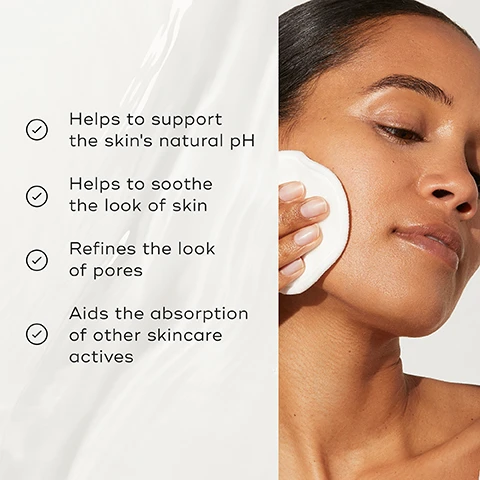 Image 1 - A person gently presses a cotton pad against their cheek, with a list of skincare benefits alongside them that includes helps to support the skins natural pH, helps to soothe the look of skin, refines the look of pores, and aids the absorption of other skincare actives.
Image 2 - An open bottle labeled Medik8 is pouring a clear liquid onto a marble surface, with text nearby listing benefits: ALLANTOIN soothes & supports the skin barrier, WITCH HAZEL removes impurities & refines the look of pores, and PREBIOTICS supports a healthy, balanced complexion.
Image 3 - An image showing a skincare layering guide with labeled products for morning and evening routines, featuring sun and moon icons, with the text HOW TO LAYER, and product names including Medik8 Micellar Mousse, Daily Refreshing Toner, Target, Vitamin C + Sunscreen, and Advanced Night Restore.