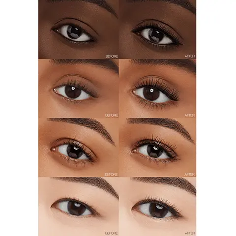 Before. After. Climax Mascara. Lash Moisture Complex lifts and builds without clumping. Full bodies brush with ribbed bristles captures and coats each lash with buildable volume.