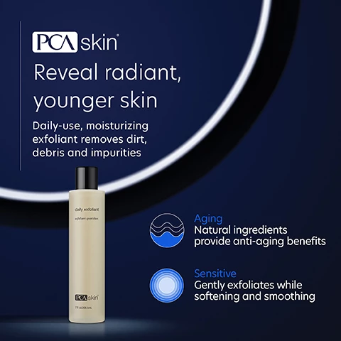 Image 1, reveal radiant younger skin, daily use, moisturizing exfoliant removes dirt, debris and impurities. aging natural ingredients provide anti-aging benefits. sensitive, gently exfoliates while softening and smoothing. Image 2, We've put our best into helping you feel your best. Salicornia herbacea extract, powerful antioxidant helps improve hydration. Cellulose Acetate, exfoliates the skin and is 100% renewable and biodegradable. Green tea extract, antioxidant that provides powerful anti-aging benefits. Aloe barbadensis leaf juice, softens and soothes the skin. Image 3, complete your regimen, daily exfoliant gently polishes away dead skin cells for a radiant complexion. rejuvenating serum, helps reduce the early signs of aging and leaves skin glowing. collagen hydrator, deeply hydrates and firms dry and mature cells. sheer tint broad sprectrum, universally tinted, sheer SPF 45 protection with an antioxidant boost. Image 4, verified customer review = i use this product on a daily basis, it has smoothed out any bumps on my skins leaving it smooth and soft.