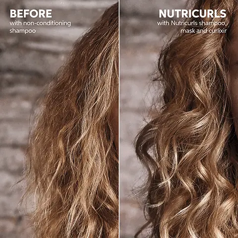 Image 1, BEFORE with non-conditioning shampoo NUTRICURLS with Nutricurls shampoo, mask and curlixir Image 2, WELLA NUTRICURLS ass 24HR CURL DEFINITION* *by using Curlixir Balm or Milky waves Image 3, Intense Nourishment Curl Definition eee e lee Bounciness Soft Hold T WELLA NUTRICURLS Image 4, WHEAT BRAN EXTRACT PANTHENOL JOJOBA OIL NOURISH-IN COMPLEX