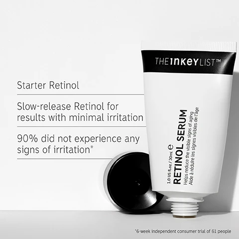 Image 1 - An image of a tube of retinol serum with the label THE INKEY LIST, displaying text that reads Starter Retinol, Slow-release Retinol for results with minimal irritation, 90% did not experience any signs of irritation*.
Image 2 - A close-up image of a womans face displaying smooth skin and prominent features, alongside statistics indicating that 91% saw a visible improvement in the evenness of their skin, 91% agreed skin looks brighter, and 82% agreed it reduced the appearance of fine lines and wrinkles.
Image 3 - Image shows a light golden background with a list of skincare ingredients: 1% RETINYL ACETATE gently resurfaces the skin, 0.5 GRANACTIVE RETINOID targets first signs of aging, and 0.5% SQUALANE helps hydrate, soothe, and protect.
Image 4 - A woman smiles while applying skincare, with text that reads FAQ, WHEN SHOULD I START USING RETINOL? 25 years old, when skin cell turnover starts to slow, WHERE DO I START WITH RETINOL? Start low and slow 1-2 times a week and increase gradually, Pair with a barrier-supporting moisturizer, The INKEY Lists Bio-Active Ceramide Moisturizer is a great choice, Always remember SPF in the AM.
Image 5 - An abstract, creamy, light yellow skincare product is shown alongside the text How to layer your routine and numbered steps: 1 Clean, 2 Hydrate, 3 Treat, 4 Moisturize, 5 SPF.
Image 6 - A hand is applying a cream from a tube to the skin, with text that reads When & how to apply, PM, and PEA SIZED AMOUNT.
Image 7 - Image features two tubes of retinol serum from The Inkey List side by side, with information below each tube: on the left, BEST FOR Starter Retinol users, HERO INGREDIENT Contains two retinoids: 1% Retinyl Acetate and 0.5% Granactive, and TARGETS First signs of aging, while on the right, BEST FOR Experienced Retinol users, HERO INGREDIENT 1% pure Retinol, our highest level of Retinol, and TARGETS Dark spots, post-acne scars, deep wrinkles.
Image 8 - A smooth, glossy texture of a beige-colored product is shown with text at the bottom stating that due to the nature of the ingredient, this product may vary in colour - however this does not affect its efficacy.