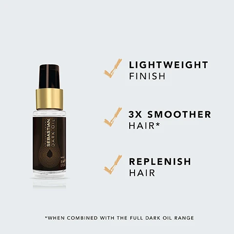 Image 2 - An advertisement for Sebastian Dark Oil featuring a glass bottle of hair oil with a black and gold label, with text stating lightweight finish, 3x smoother hair, and replenish hair, along with a note about combining it with the full Dark Oil range.
Image 5 - A side-by-side comparison of hair before and after treatment, showing frizzy, unstyled hair on the left labeled BEFORE and smooth, wavy hair on the right labeled AFTER* with the note *AFTER APPLICATION AND STYLING at the bottom.
Image 6 - Image shows a black background with an illustration of sandalwood and cedarwood pieces, alongside three drops of yellow oil, with the text Sandalwood, Cedarwood & Argan Oil prominently displayed at the top.