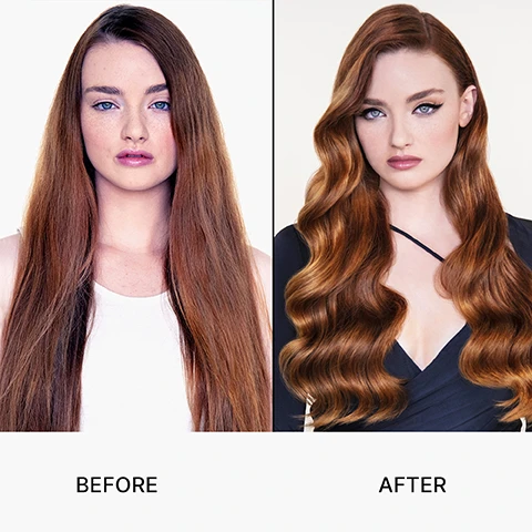 Image 1 - A side-by-side comparison of a woman with long reddish-brown hair, straight on the left and styled in waves on the right, with the text BEFORE and AFTER.
Image 2 - A silver spray can of Color Wow Extra Mist-ical Shine Spray is shown on a white background with text WOW COLOR WOW EXTRA MIST-ICAL SHINE SPRAY get lit + keep dark forces at bay! 162 ml e 142 g NET WT 5 OZ and surrounding icons with text Instantly healthy-looking hair, Super-fine mist, Never greasy or oily, Heat protection, Frizz + flyaway control, Extreme gloss, For all hair types.
Image 3 - Yellow flowers and buds on a stem with text that says Flower-powered gloss, the most natural way to shine.