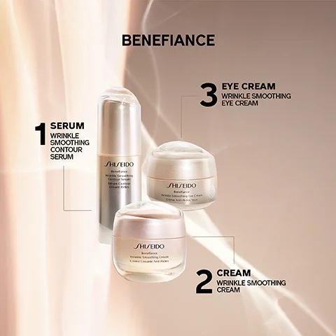 Benefiance. 1 serum, wrinkle smoothing contour serum. 2 cream, wrinkle smoothing cream. 3 eye cream, wrinkle smoothing eye cream.