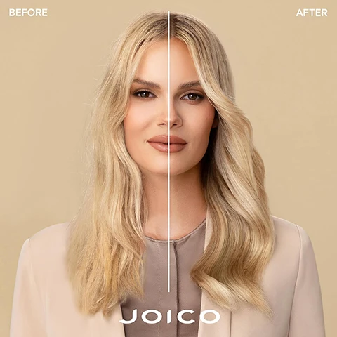 Image 2 - A womans hair is split vertically showing the before side with drier hair and the after side with smoother, wavier hair, with the text BEFORE, AFTER, and JOICO. Image 3 - A tube of Joico Blonde Life Brightening Masque is shown on a brown and beige platform with text BRIGHTENING MASQUE for all blondes Intensively hydrates, softens, adds shine, and conditions Neutralizes chlorine and removes trace minerals to brighten blonde strands JOICO BLONDE LIFE BRIGHTENING MASQUE pour hydrater intensément, détoxifier et illuminer MASCARILLA ALTO BRILLO para hidratar intensamente, desintoxicar e iluminar 150 ml / 5.1 fl oz SmartRelease. Image 4 - A tube of Joico Blonde Life Brightening Masque is shown surrounded by ingredients representing Arginine, Monoi oil, Tamanu oil, and coconut, with text reading Arginine: Products containing this amino acid help protect hair and rebuild it from the inside out. Monoi oil: Helps fight frizz, boosts shine & protects against environmental damage. Tamanu oil: Packed with fortifying omegas. Helps deeply hydrate, boosts shine & banishes brittleness. JOICO BLONDE LIFE BRIGHTENING MASQUE to intensely hydrate, detox & illuminate MASQUE RAVIVANT pour hydrater intensément, détoxifier et illuminer MASCARILLA ALTO BRILLO para hidratar intensamente, desintoxicar e iluminar SmartRelease 150 ml / 5.1 fl oz. Image 5 - Image showing a hair care routine with the text BLONDELIFE BLONDE STRONG ROUTINE, STEP 1: SHAMPOO, STEP 2: CONDITION / TREAT OR, STEP 3: TREAT, STEP 4: TREAT. Image 7 - Image displays Joico Blonde Life Brightening Shampoo, Brightening Conditioner, and Brightening Masque with the text Keep your blonde bright & perfectly on-tone.