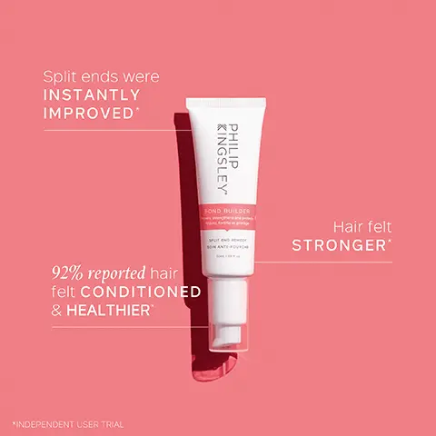 Image 1, Split ends were INSTANTLY IMPROVED KINGSLEY' PHILIP BOND BUILDER SPLIT END REMEDY Hair felt STRONGER 92% reported hair felt CONDITIONED & HEALTHIER *INDEPENDENT USER TRIAL Image 2, Key Benefits Seals split ends Repairs and strengthens broken bonds Shields against pollution, UV and heat damage KINGSLEY PHILIP BOND BUILDER SPUITEND EMER SEIN ANTI-FOURCHE