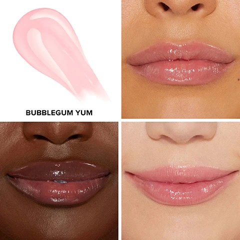 Image 1 - A splash of pink lip gloss is shown at the top left, and three close-up images of different lips in varying skin tones are displayed in the rest of the image, with the text BUBBLEGUM YUM below the gloss.
Image 2 - A glossy lip plumper tube is shown next to statistics, with 93% stating lips look fuller and more plump, 97% saying it delivers instant results, and 97% noting lips feel moisturized, and a footnote mentioning a study from December 2015.
Image 3 - Close-up of a womans lips showing a comparison between a matte finish on the left labeled BEFORE and a glossy finish on the right labeled AFTER, with the text MODEL IS WEARING SHADE BUBBLEGUM YUM at the bottom.
Image 4 - Close-up of a models lips before and after applying lip color, with the left side labeled BEFORE showing natural lips and the right side labeled AFTER featuring glossy lips; model is wearing shade Bubblegum Yum.
Image 5 - Close-up of a models lips showcasing a before and after comparison, with the left side appearing bare and the right side glossy and enhanced, labeled BEFORE and AFTER, and with text stating MODEL IS WEARING SHADE BUBBLEGUM YUM.
Image 6 - Image shows a product chart titled Level Up PLUMP featuring six lip products from Too Faced categorized into levels, with descriptions for each: Level 1 is Lip Injection Extreme Lip Plumper, Level 2 includes Lip Injection Extreme Plumping Clicks, and Level 3 is Lip Injection Maximum Plump, followed by Lip Injection Extreme Lip Shaper, Lip Injection Lip Gloss, and Lip Injection Liquid Lipstick.