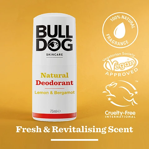 Image 2 - A white deodorant stick with the label BULLDOG Skincare Natural Deodorant Lemon & Bergamot 75ml on an orange background, featuring icons for 100% natural fragrance, vegan approval, and cruelty-free certification, with the text Fresh & Revitalising Scent at the bottom.
Image 3 - A cut lemon displays its juicy interior alongside whole lemons and a sprig of rosemary on a bright yellow background, with visible text that reads 100% Natural Fragrances Fresh & Revitalising Scent.
Image 4 - A person holds a stick of Bulldog Natural Deodorant, labeled with Lemon & Bergamot scent, above a bathroom sink, with visible text stating 24 Hour Protection.
Image 5 - Two skincare products from Bulldog are displayed: a white cylindrical natural deodorant labeled with the text BULL DOG Natural Deodorant Lemon & Bergamot 75 ml and a dark brown bottle of shower gel labeled BULL DOG SKINCARE Lemon & Bergamot Shower Gel 500 ml, set against a bright yellow background with the phrase Start the Day Right below.
