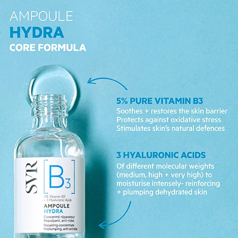 image 1, ampoule hydra core formula. 5% pure vitamin B3 - soothes and restores the skin barrier, protects against oxidative stress, stimulates skin's natural defences. 3 hyaluronic acids - of different molecular weights (medium, high and very high) to moisturise intensely, reinforcing and plumping dehydrated skin. image 2, how to use = directly apply a few drops to face morning and night before your normal cream or mix into your cream and apply both together. image 3, repairing and plumping. proven efficacy from the first application +31% hydration. after 7 days +33% plumped skin, -25% dehydration wrinkles. after 28 days skin is repaired and quality is improved. optimal tolerance for sensitive skin, fragrance free, 91% ingredients of natural origin. texture - soothing gel serum, easily absorbed. image 4, uneven skin - smooth and refine pores, lines, wrinkles, marks and pigmentation. sensitised skin = hydrated, plump and repair dry or irritated skin. dull skin = brighten and boost tired skint that lacks radiance and glow.