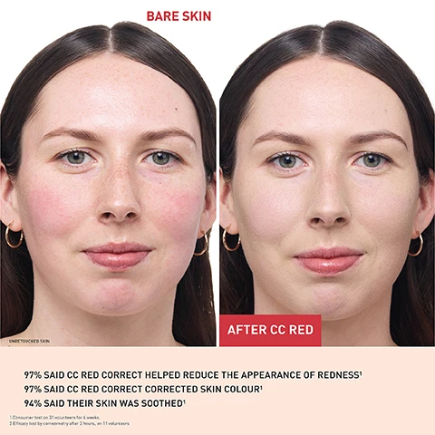 Image 1 - Image shows a side-by-side comparison of a womans face; on the left, she has bare skin with visible freckles and redness, labeled BARE SKIN, and on the right, her skin appears smoother and less red after applying a product, labeled AFTER CC RED, with text below stating: 97% said CC RED CORRECT helped reduce the appearance of redness 97% said CC RED CORRECT corrected skin colour 94% said their skin was soothed.
Image 2 - A woman with blonde hair holds a tube of Erborian CC Red Correct in front of her face, smiling, with a gradient background of light green and pink, featuring text that reads IMMEDIATELY REDUCES REDNESS, GREEN PIGMENTS CORRECT AND NEUTRALISE RED UNDERTONES, 2% CENTELLA ASIATICA HELPS SOOTHE SKIN, and BLURS YOUR IMPERFECTIONS.
Image 3 - A green tube of CC cream labeled CC RED CORRECT with visible text indicating SPF 25, CENTELLA ASIATICA, and HELPS TO SOOTHE THE SKIN, surrounded by green leaves.
Image 4 - A close-up of a woman holding a green tube of Erborian CC Red Correct, with the text 97% said CC Red Correct helped reduce the appearance of redness, automatic perfector soothing effect even complexion, broad spectrum SPF 25 sunscreen, and a note about a consumer test on 31 volunteers for 4 weeks.
Image 5 - A green tube of Erborian CC Red Correct cream is resting on a large green background, with visible text stating ONE CC RED CORRECT SOLD EVERY 47 SECONDS WORLDWIDE* and additional product details.
Image 6 - Image features four CC cream tubes arranged horizontally with labels for each type: CC Classic, CC Water, CC Red Correct, and CC Dull Correct, along with benefits listed for each type; text at the top reads WHICH CC IS RIGHT FOR YOU? and additional descriptions highlight their specific features and benefits.