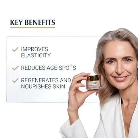 Image 1 - A woman with gray hair wearing a white blazer is smiling and holding a jar of Eucerin skin cream, with a list of key benefits beside her that reads: improves elasticity, reduces age-spots, regenerates and nourishes skin.
Image 2 - A hand holds a jar of Eucerin Hyaluron-Filler Elasticity cream, with text on the right side stating NIGHT, ALL SKIN TYPES, and NON-COMEDOGENIC.
Image 3 - Image shows a soft-focus background with bubbles and a large centered text block stating CLINICALLY PROVEN RESULTS, 97%, CONFIRM:*, and NOURISHES INTENSIVELY OVERNIGHT, followed by a smaller note about a product-in-use test with 120 volunteers and results after 4 weeks application.
Image 4 - Image shows a skincare routine with three products: a serum labeled 3D Serum on the left, a day cream in the center, and a night cream on the right, all featuring the Eucerin brand, with the header RECOMMENDED ROUTINE above and numbers 1, 2, and 3 indicating the order of application.
Image 5 - Image of a creamy, white skincare product with text highlighting key ingredients: COLLAGEN-ELASTIN COMPLEX: Re-energies collagen production and increases skins elasticity; PATENTED THIAMIDOL: Reduces age-spots and prevents their appearance; ARGAN OIL: Rich in caring lipids, help to regenerate and intensively nourish.