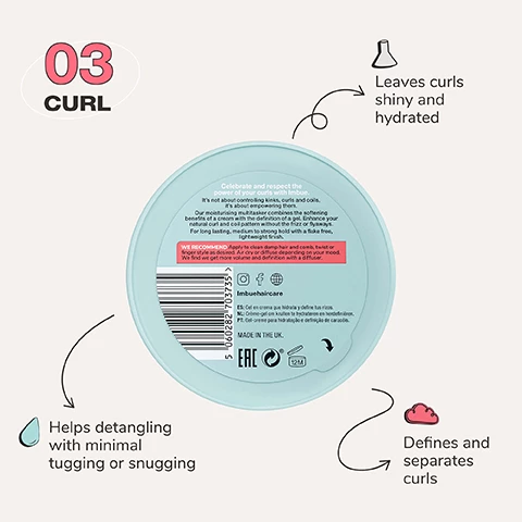 Image 1, 03 curl: Helps detangling with minimal tugging or snugging, leaves curls shiny and hydrated and defines and separates curls. Image 2, Apply styling products on soaking wet hair. This helps the product melt onto hair strands, coating them more evenly and ensuring your results are defined and less frizzy. Image 3, before and after model shot, defined, boundy and crunch free curls. Image 4, High definition routine: condition curl inspiring leave in spray, define curl empowering creme gel and protect curl defending heat protection spray. Image 5, Join the curl movement.