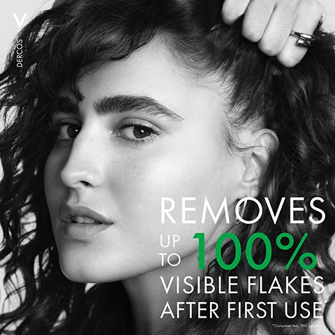 Image 1 - A close-up portrait of a woman with wavy hair and bold eyebrows, looking confidently into the camera, accompanied by text that reads REMOVES UP TO 100% VISIBLE FLAKES AFTER FIRST USE.
Image 2 - A young man with tousled hair and tattoos on his arm looks directly at the camera, with the text saying UP TO 6 WEEKS ANTI-DANDRUFF PROTECTION.
Image 3 - Image shows a split design with a bright yellow section on the left labeled 1% SELENIUM DISULFIDE and a white section on the right labeled 1% SALICYLIC ACID, with the text DERCOS LEAVES DANDRUFF-PRONE SCALP FEELING CLEANSSED & PURIFIED at the bottom.
Image 4 - Image of a textured, creamy, light yellow background with bubbles, featuring text that reads: Pleasant fragrance + creamy texture + leaves hair feeling deeply nourished & soft.
Image 5 - A person in a white coat holds a bottle of DERCOS Anti-dandruff shampoo, with visible logos indicating it is recommended by dermatologists and accredited for health.