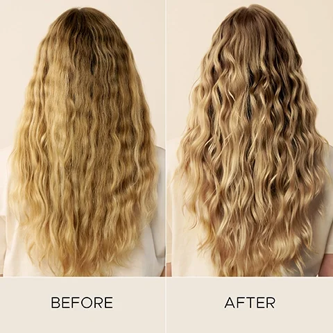 Side-by-side comparison of long blonde hair before and after treatment, showing improved texture on the right, with text reading BEFORE under the left image and AFTER under the right image.