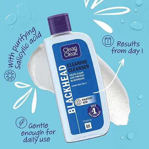 Image 1, with purifying salicylic acid, results from day 1, gentle enough for daily use. Image 2, removes dirt and oil, helps clear and prevent black heads, helps reduce blackheads. Image 3, the clean and clear bundle, the three clear skin steps. step 1 = black daily scrub, natural exfoliators peel away dirt and excess oil to help unblock pores and give a deep clean. step 2 = blackhead clearing cleanser, starts acting against blackheads from day 1. step 3 = daily dual action moisturiser, moisturises and helps reduce the appearance of blemishes. Image 4, new packaging same great formula, old pack.