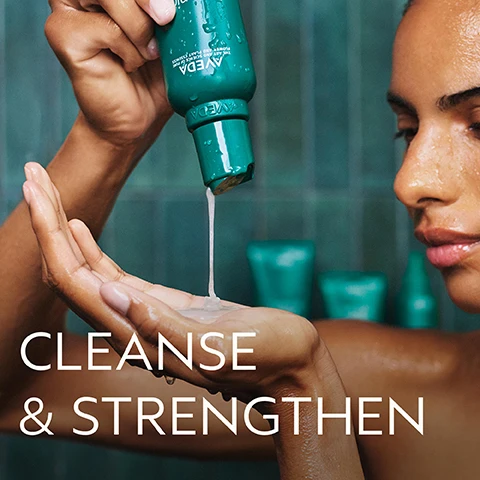Image 4 - A person pours a light-colored product from a dark teal Aveda bottle into their cupped hand in a shower, with the visible text on the bottle reading Aveda The Art and Science of Pure Flower and Plant Essences and large white text at the bottom left stating CLEANSE & STRENGTHEN. Image 5 - A close-up image shows vibrant green leaves and numerous clear water bubbles, with white text reading Macro green blend Our nourishing blend features avocado, green tea and sacha inchi oils to help to smooth and seal the cuticle to detangle hair and help prevent breakage. Image 6 - Three teal Aveda Botanical Repair hair care products, including a bond-building pre-shampoo treatment, a strengthening shampoo, and a strengthening conditioner, are arranged on a dark green background with scattered leaves and water droplets; the image includes the text SHOP BOTANICAL REPAIR™, AVEDA THE ART AND SCIENCE OF PURE FLOWER AND PLANT ESSENCES on each product, followed by their specific details: bond-building pre-shampoo treatment strengthens & protects traitement pre-shampooing reparateur renforce & proteges; strengthening shampoo plant-powered damage repair shampooing reparateur reparation a base de plantes; strengthening conditioner plant-powered damage repair apres-shampooing reparateur reparation a base de plantes; with a large overlay of 95% INSTANTLY SAW HEALTHIER-LOOKING HAIR*, and a footnote *Consumer testing on 127 women after using the shampoo and conditioner once. Image 8 - A before and after image displays a persons blonde hair from the back, showing tangled, unstyled hair with dark roots in the top half and smooth, styled hair in the bottom half, with the visible text BEFORE, Unwashed hair., AFTER, and Results with Botanical Repair™ Pre-Shampoo Treatment, Shampoo, Conditioner, Strengthening Masque: Light, Flash Treatment, Leave-in Treatment, Styling Creme, Air Control™ Hair Spray styled with a parlux diffuser.