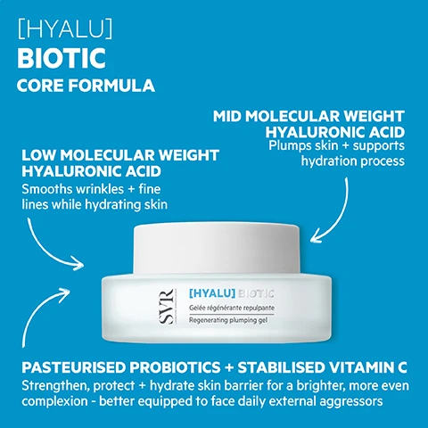 Image 1, core formula. low molecular weight hyaluronic acid - smooths wrinkles and fine lines while hydrating skin. mid molecular weight hyaluronic acid = plumps skin and supports hydration process. pasteurised probiotics and stabilised vitamin c = strengthen, protect and hydrate skin barrier for a brighter, more even complexion - better equipped to fave daily external aggressors. image 2, proven efficacy - 59% more hydrated in 30 minutes. users love it = 95% said skin's natural hydration improved and was comfortable all day. 91% said their skin was firmer. skin is instantly soothed - 50% less tightness, 64% less heat. optimum tolerance - dermatologically tested on 100% sensitive skin. 80% ingredients of natural origin. eco-responsible, recyclable packaging, glass jar. image 3, texture - water based gel texture instantly calms sensations of heat and tightness in skin. image 4, how to use = apply every morning and or evening to clean, dry skin. image 5, biotic creams, meet the family. acne prone = peptide mattifying and rejuvenating anti wrinkles gel cream. sagging = collagen firming, rejuvenating and fortifying bounce texture cream. dull and tired = vitamin c brightening and rejuvenating anti-wrinkles radiance moisturiser. dehydrated = hyaluronic acid hydrating and rejuvenating anti wrinkles gel cream. dry and dull = ceramide firming and rejuvenating anti wrinkles moisturising balm.