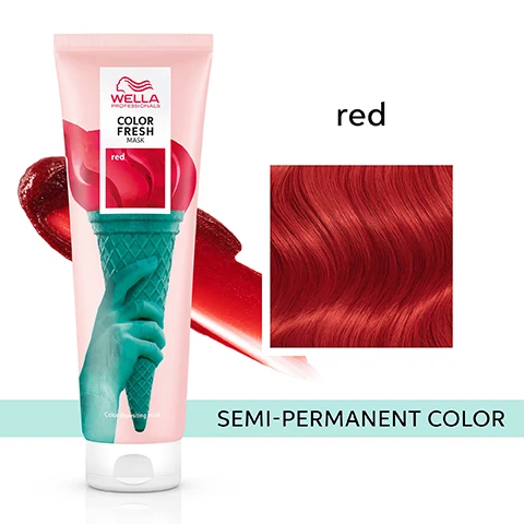 Image 1 - A tube of Wella Professionals Color Fresh Mask in red, featuring a turquoise ice cream cone design, with a side image showing a wavy red hair color, and the text SEMI-PERMANENT COLOR below.
Image 2 - A split image shows two sections of hair; the left side features hair that is a lighter orange shade labeled before with the text previously colored in similar tone direction, and the right side showcases vibrant red hair labeled after with the text Color Fresh Mask Red applied to all the hair, alongside a red lipstick mark on the left.
Image 3 - A person with a red braided hairstyle is shown from the back, accompanied by the text that reads MOISTURIZED AND SMOOTH hair, with a red lipstick smear on the side.
Image 4 - A person with long, wavy red hair is seen from behind, holding their hair, and the text ZERO DAMAGE and formula are displayed above and below the image.
Image 5 - A woman with curly, red hair is applying hair dye while wearing black gloves, with a light blue background and splashes of red hair color on the sides; the text reads RESULTS VISIBLE WITHIN 10 minutes.
Image 6 - Alt text: A comparison image showing hair color results before and after treatment, with sections labeled Before, After Low Porosity, Pre-Lightened or Balayage/Highlights, Level 8/0, and Level 5/0, and a note stating Results not noticeable on darker levels.
Image 7 - Image shows two hair care products from Wella: a white bottle labeled Fusion Intense Repair Shampoo and a white tube labeled Fusion Intense Repair Conditioner, both with gold accents, along with the text FOR BEST RESULTS use with.
Image 8 - Four colorful tubes of beauty products are arranged vertically against a red and white background, with the text 4 VIBRANT shades displayed above.