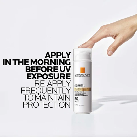 Image 1 - A hand is reaching towards a sunscreen bottle labeled La Roche-Posay Anthelios Age Correct with visible text stating apply in the morning before UV exposure re-apply frequently to maintain protection.
Image 2 - An image of a white sunscreen bottle labeled Anthelios Age Correct SPF 50+, featuring text that highlights high UV daily sun protection, reducing dark spots and wrinkles, and mentions anti-pollution and anti-oxidation technology, alongside branding from La Roche-Posay and Marie Claire award details.
Image 3 - Image shows three skincare products by La Roche-Posay: a blue serum labeled HYALU B5 Serum with the text PLUMP, a white cream labeled HYALU B5 Anti-Wrinkle Care with the text HYDRATE, and a white sunscreen labeled ANTHELIOS AGE CORRECT with the text PROTECT.
Image 4 - A close-up image of a person wearing a white coat against a light blue background, with text that reads No 1 DERMATOLOGIST RECOMMENDED BRAND FOR SUN PROTECTION IN THE UK, followed by a note about a study of 73 Consultant Dermatologists from January to April 2023.
Image 5 - Three close-up faces of women with different skin tones, each with a white cream applied under their eyes and a bottle of La Roche-Posay Anthelios Age Correct Photocorrection Daily with visible text indicating SPF 50 and its benefits for reducing dark spots and visible signs of aging.
Image 6 - A promotional image for La Roche-Posays Anthelios Age Correct SPF 50 sunscreen, showing various skin tones in the background with the product bottle in front, featuring visible text that reads Anthelios Age Correct SPF 50, Tested on all phototypes, La Roche-Posay, Photocorrection Quotidien / Daily, Visibly reduces wrinkles & dark spots, 50 SPF, UVA+UVB, 50 ml Made in France.