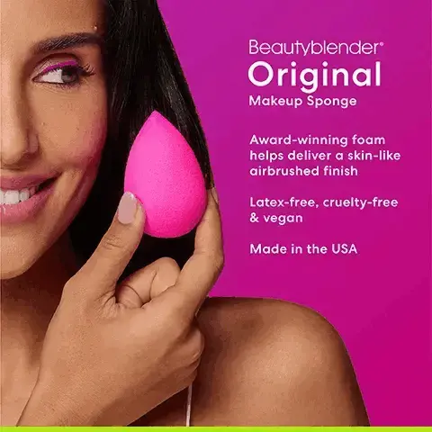 Beautyblender original makeup sponge. Award-winning foam helps deliver a skin-like airbrushed finish. Latex-free, cruelty-free & vegan. Made in the USA. Multi-use 360 to meet the various needs of makeup. Precision tip for hard-to-reach areas. Rounded sire for neck & high points of the face. Flat bottom for all over coverage. Foam like no other. Pore-like texture mimics skin. Edgless, streak-free application. Works with liquids, creams and powders. Wet to prep, expands and softens for the best blend. Size matters. Micro Mini, teeny tiny for precision blending under the eyes and around the nose. Beautyblusher, mid-sized to perfectly fit cheeks for blush and highlighter application. Beautyblender, ideal for large surface blending all over the face. Award-winning foam. Absorbs water. Makeup stays on outside.teardrop shape leaves you in control-from every angle dupe vs Beautyblender Angles & edges leave lines & streaks Shop Now